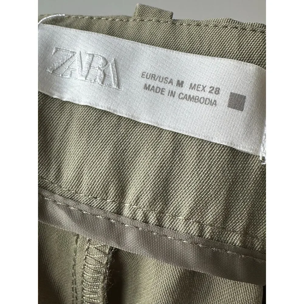 Zara Olive Green Pleated Bermuda Shorts High Rise Tailored Trouser Shorts
